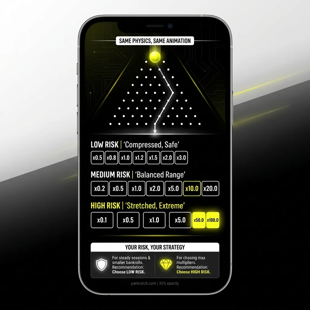 Plinko risk levels explained - low, medium, high settings on Parimatch India
