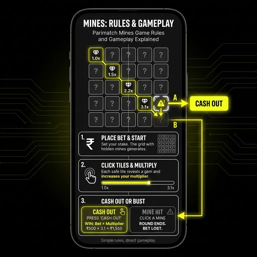 Player selecting safe tiles on a grid while avoiding hidden mines in Parimatch Mines casino game interface