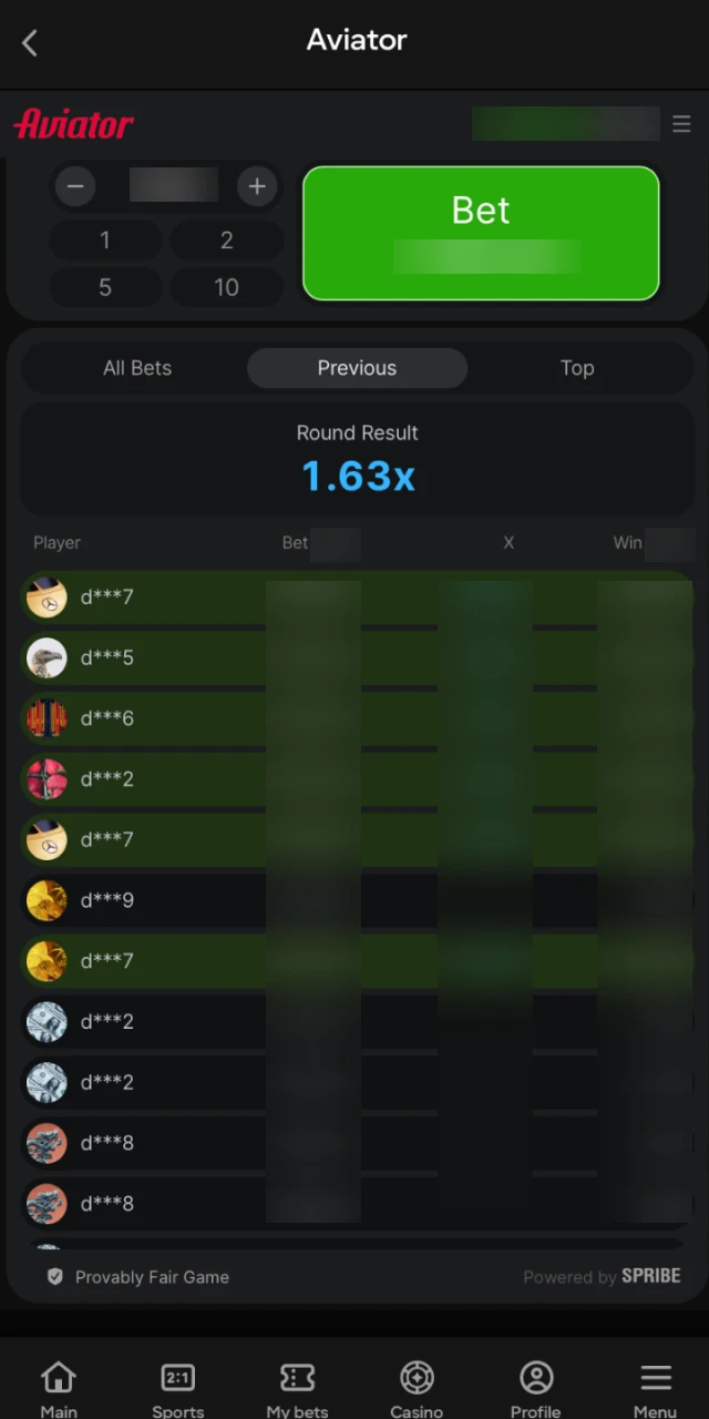 The statistics panel showing data about your bets and gameplay in Aviator on Parimatch.