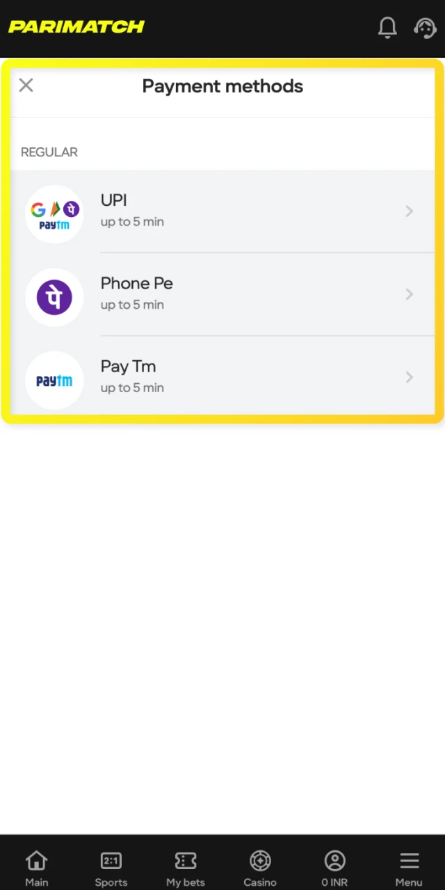 Select a convenient local payment method to deposit Indian Rupees into your Parimatch account.