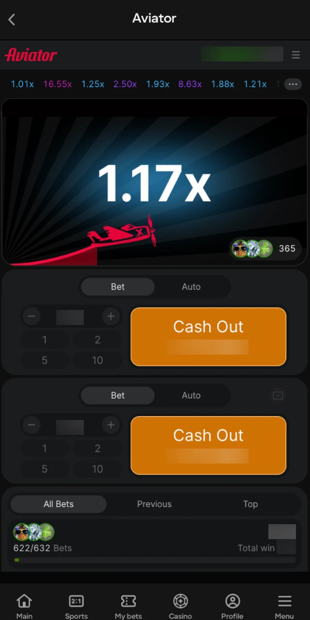 The primary game interface showing the plane's flight and multiplier in Aviator on Parimatch.