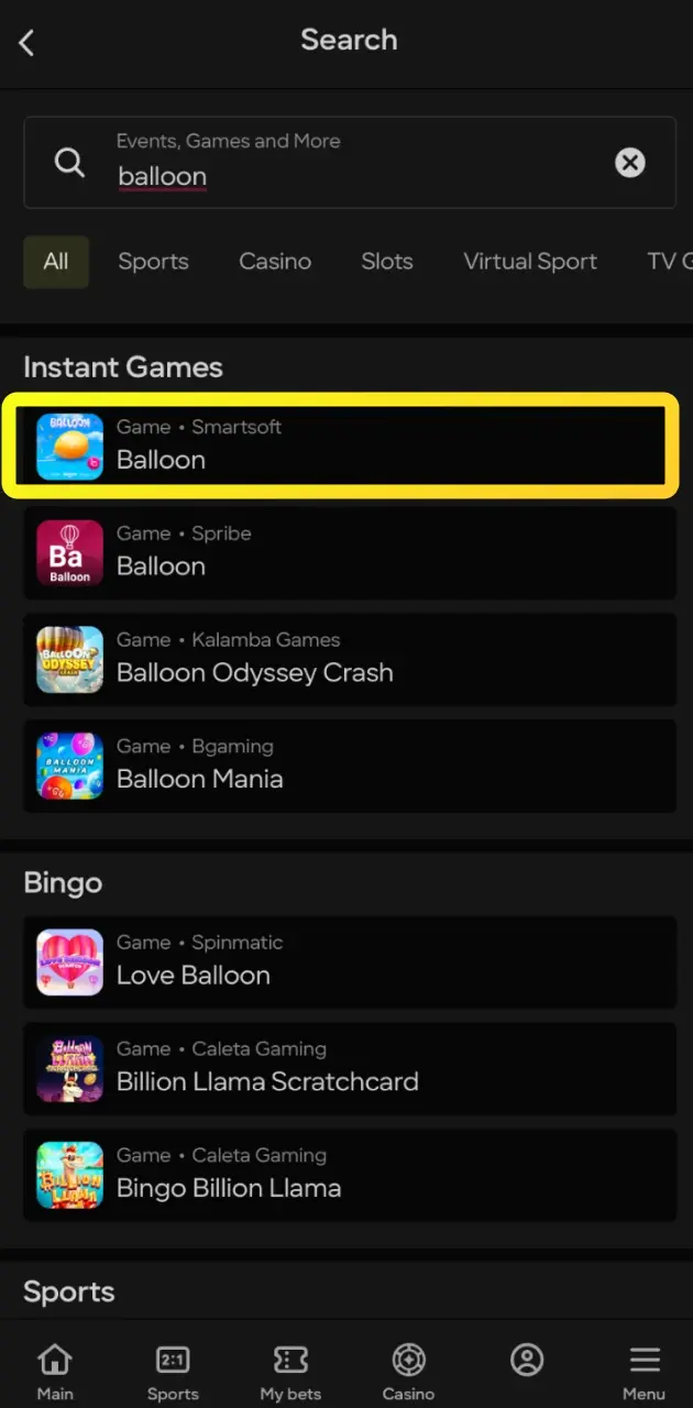 Find and start the Baloon game from the casino lobby on the Parimatch platform.