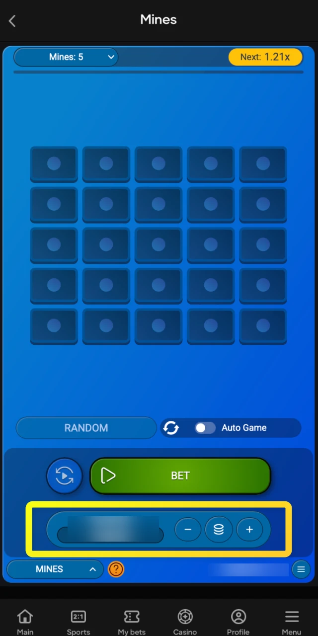 The manual controls for adjusting your bet and cashout options during a Mines game on Parimatch.