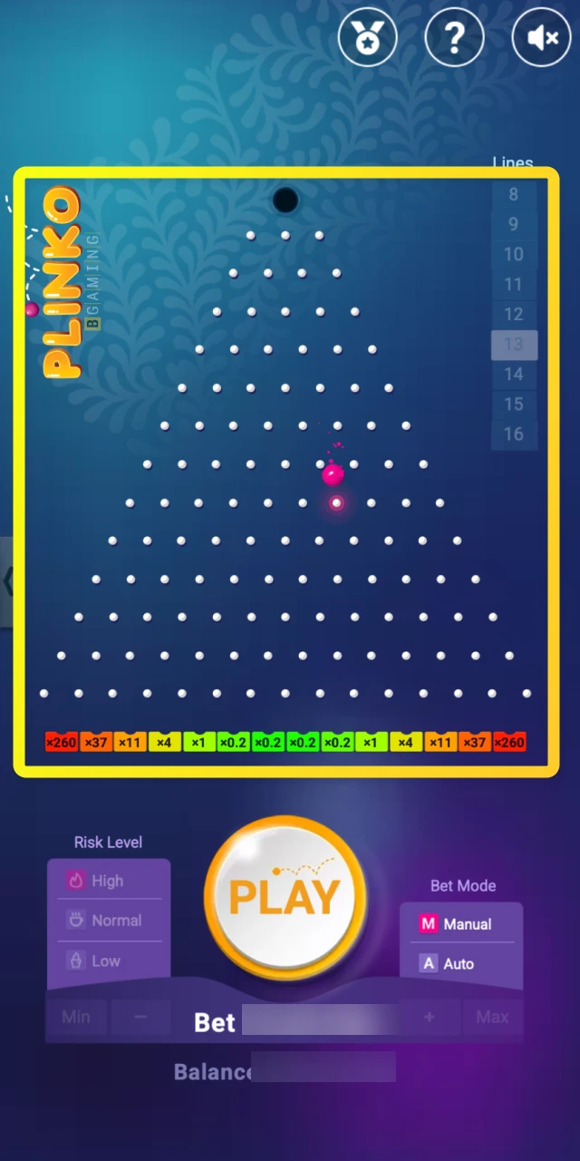 Observe the ball as it bounces through the peg grid towards a multiplier slot in Plinko.
