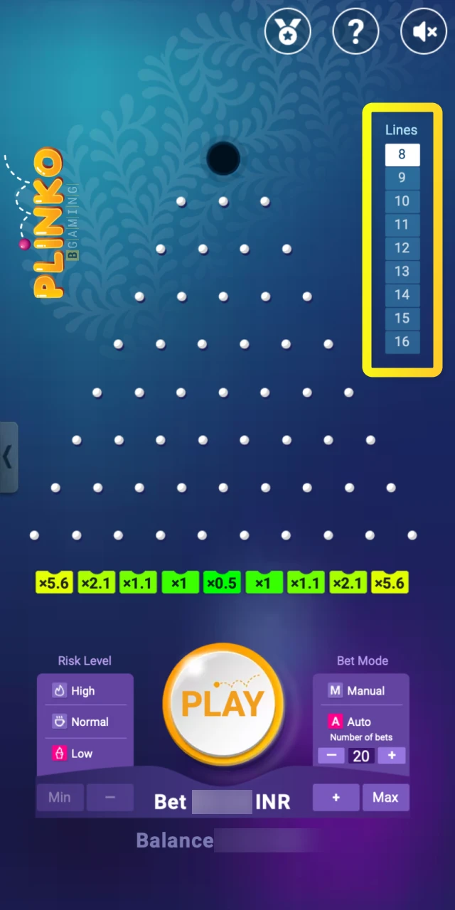 The tool for selecting the number of rows on the Plinko board to change volatility on Parimatch.