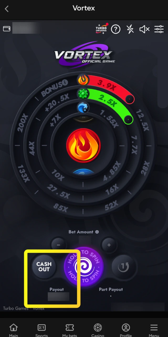 Choose the right moment to cash out fully or take a partial payout in the Vortex game.
